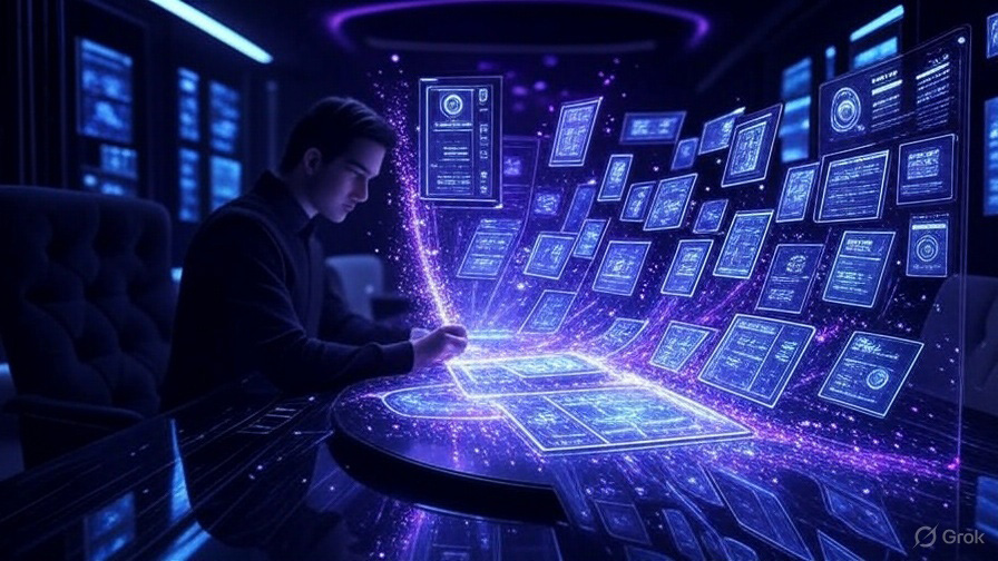 Futuristic dark digital workspace with holographic UI elements and AI flow lines.