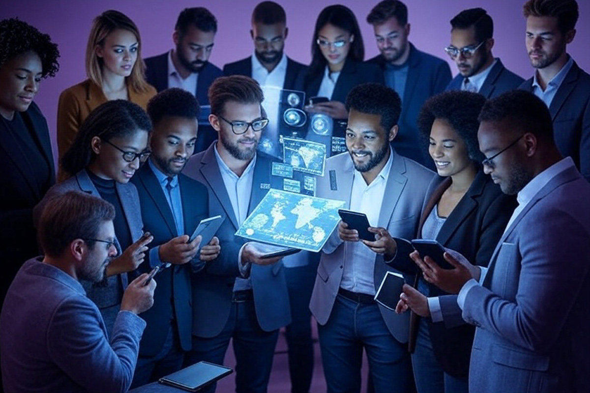 Collage of diverse creators, businesspeople, and devices sharing content globally, showcasing Viralico's reach.